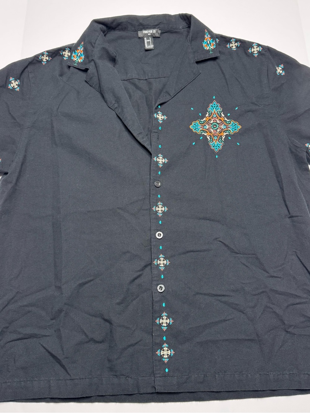 Forever 21 Black Short Sleeve Button-Down Shirt with Teal and Brown Embroidery